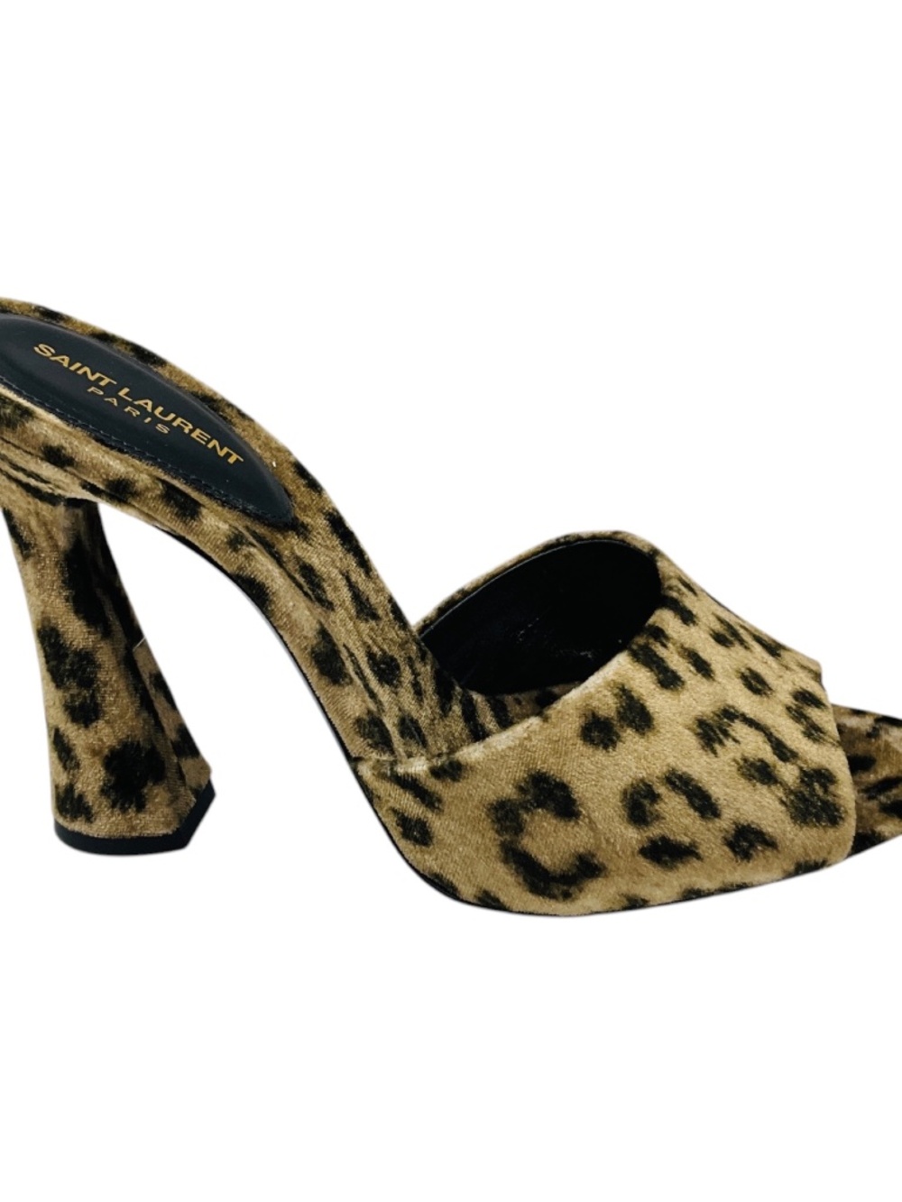 SAINT LAURENT BEIGE / BLACK MANTO NATURALE VELVET LEOPARD PRINT GIPPY 105 SANDAL - Picture 2 of 8
